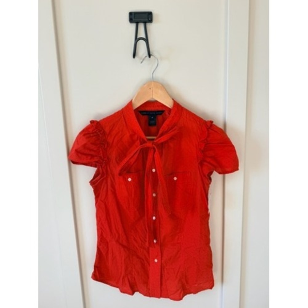 Marc by Marc Jacobs Red Tie Neck Ruffle Short Sleeve Button Front Blouse Size 6